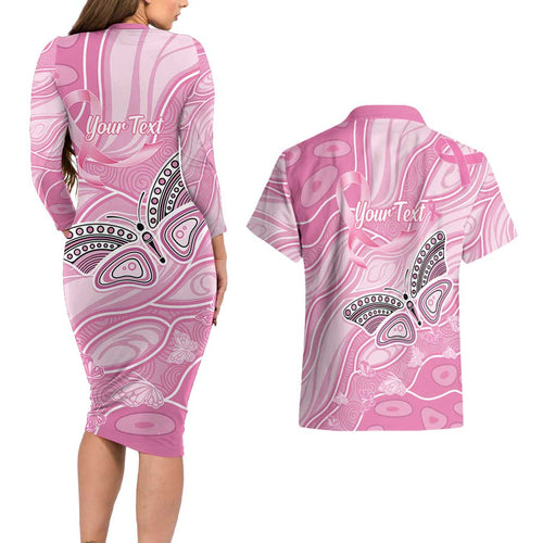 Australia Breast Cancer Awareness Personalised Couples Matching Long Sleeve Bodycon Dress and Hawaiian Shirt Butterfly Pink Ribbon Aboriginal Art