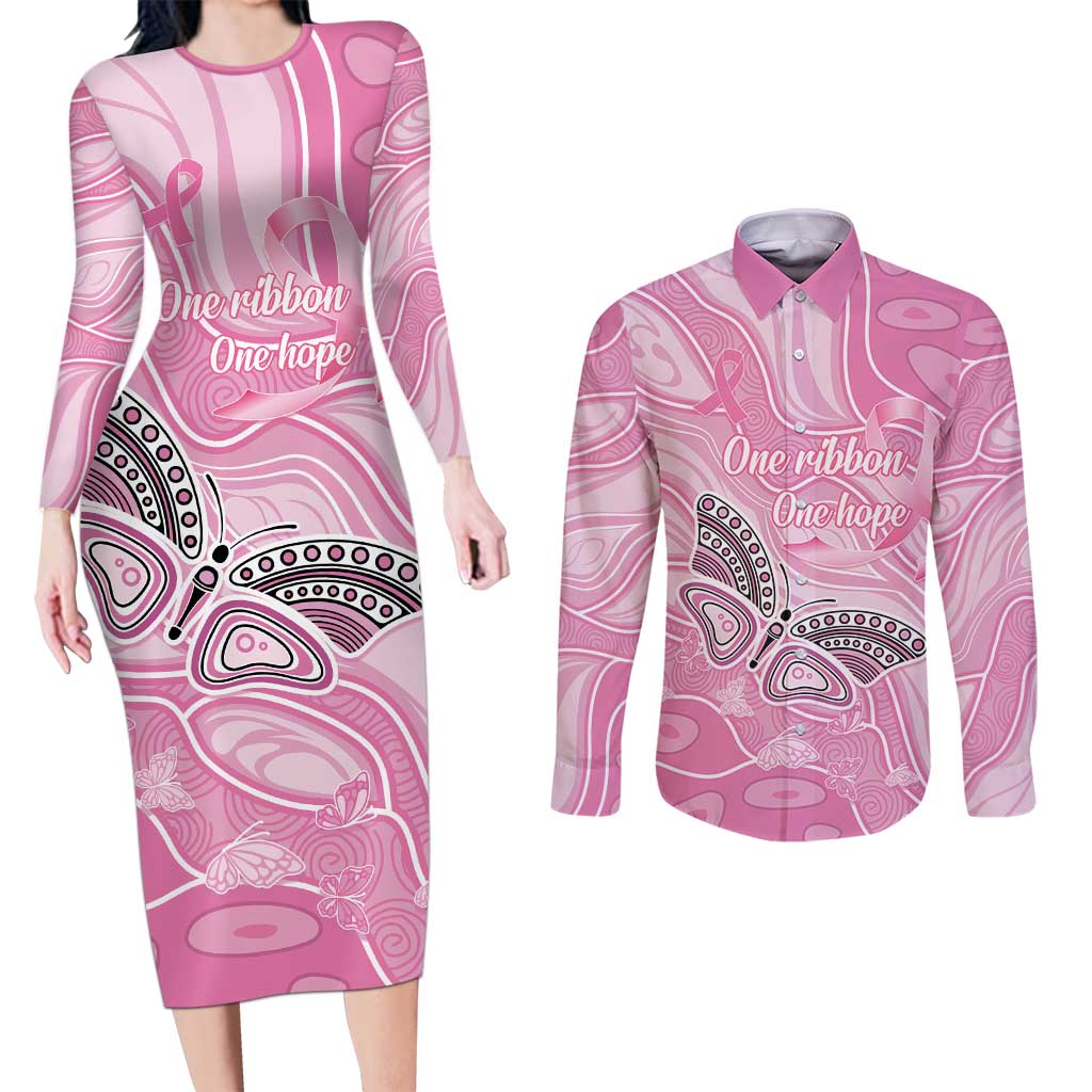 Australia Breast Cancer Awareness Personalised Couples Matching Long Sleeve Bodycon Dress and Long Sleeve Button Shirt Butterfly Pink Ribbon Aboriginal Art