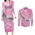 Australia Breast Cancer Awareness Personalised Couples Matching Long Sleeve Bodycon Dress and Long Sleeve Button Shirt Butterfly Pink Ribbon Aboriginal Art