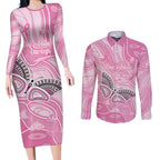 Australia Breast Cancer Awareness Personalised Couples Matching Long Sleeve Bodycon Dress and Long Sleeve Button Shirt Butterfly Pink Ribbon Aboriginal Art