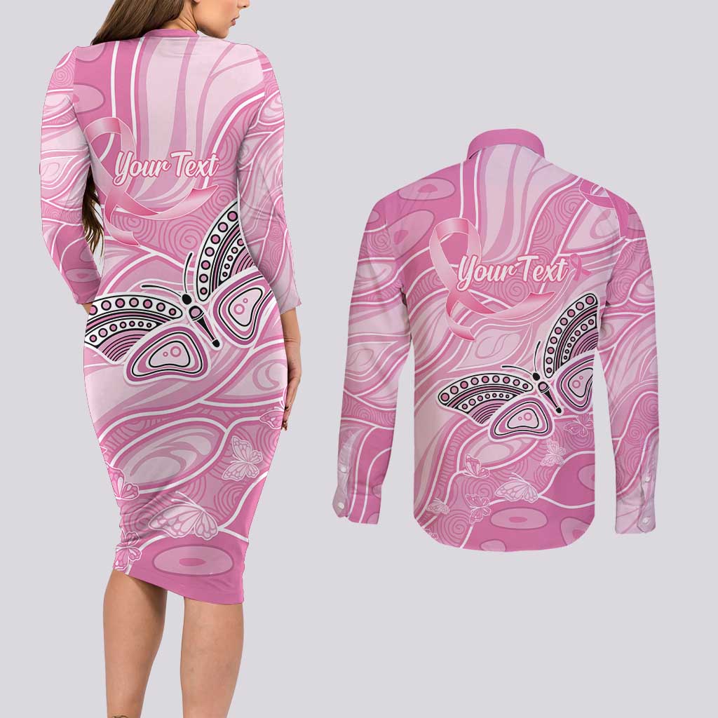 Australia Breast Cancer Awareness Personalised Couples Matching Long Sleeve Bodycon Dress and Long Sleeve Button Shirt Butterfly Pink Ribbon Aboriginal Art
