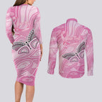 Australia Breast Cancer Awareness Personalised Couples Matching Long Sleeve Bodycon Dress and Long Sleeve Button Shirt Butterfly Pink Ribbon Aboriginal Art