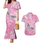 Australia Breast Cancer Awareness Personalised Couples Matching Mermaid Dress and Hawaiian Shirt Butterfly Pink Ribbon Aboriginal Art