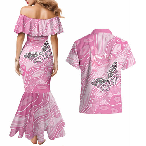 Australia Breast Cancer Awareness Personalised Couples Matching Mermaid Dress and Hawaiian Shirt Butterfly Pink Ribbon Aboriginal Art
