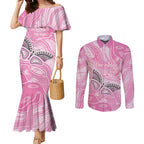 Australia Breast Cancer Awareness Personalised Couples Matching Mermaid Dress and Long Sleeve Button Shirt Butterfly Pink Ribbon Aboriginal Art