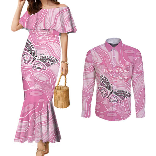 Australia Breast Cancer Awareness Personalised Couples Matching Mermaid Dress and Long Sleeve Button Shirt Butterfly Pink Ribbon Aboriginal Art