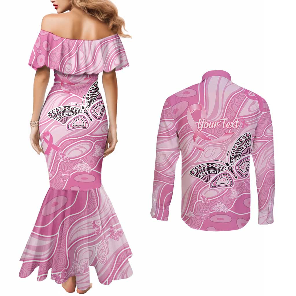 Australia Breast Cancer Awareness Personalised Couples Matching Mermaid Dress and Long Sleeve Button Shirt Butterfly Pink Ribbon Aboriginal Art