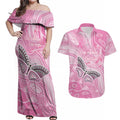Australia Breast Cancer Awareness Personalised Couples Matching Off Shoulder Maxi Dress and Hawaiian Shirt Butterfly Pink Ribbon Aboriginal Art