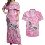 Australia Breast Cancer Awareness Personalised Couples Matching Off Shoulder Maxi Dress and Hawaiian Shirt Butterfly Pink Ribbon Aboriginal Art