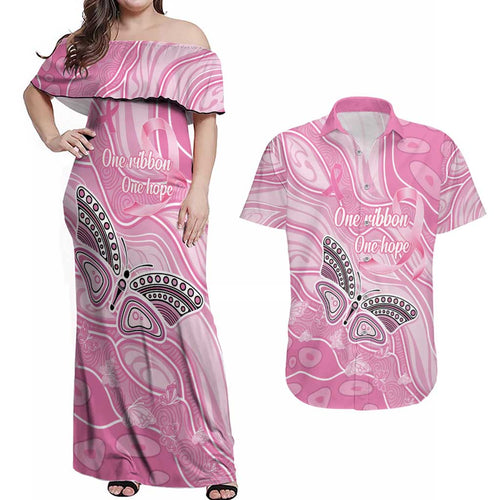 Australia Breast Cancer Awareness Personalised Couples Matching Off Shoulder Maxi Dress and Hawaiian Shirt Butterfly Pink Ribbon Aboriginal Art