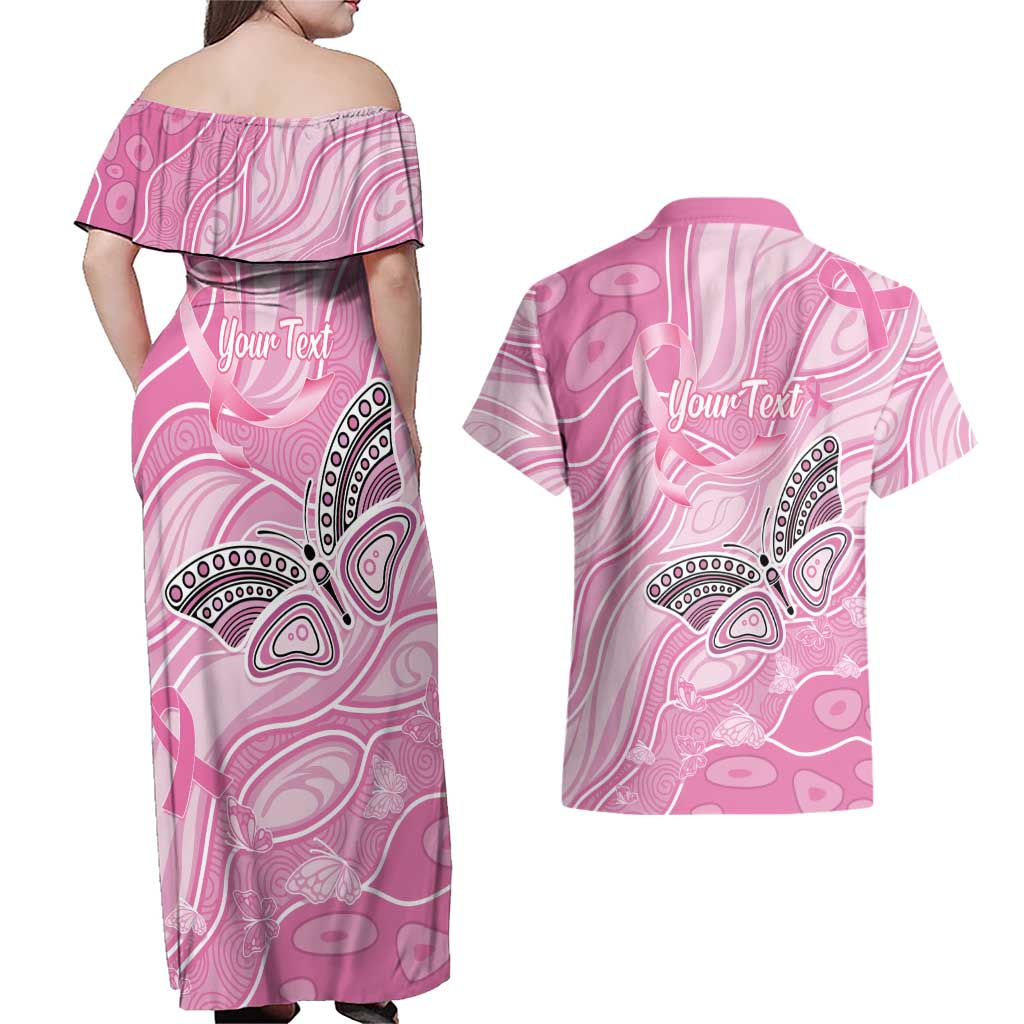 Australia Breast Cancer Awareness Personalised Couples Matching Off Shoulder Maxi Dress and Hawaiian Shirt Butterfly Pink Ribbon Aboriginal Art