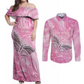 Australia Breast Cancer Awareness Personalised Couples Matching Off Shoulder Maxi Dress and Long Sleeve Button Shirt Butterfly Pink Ribbon Aboriginal Art