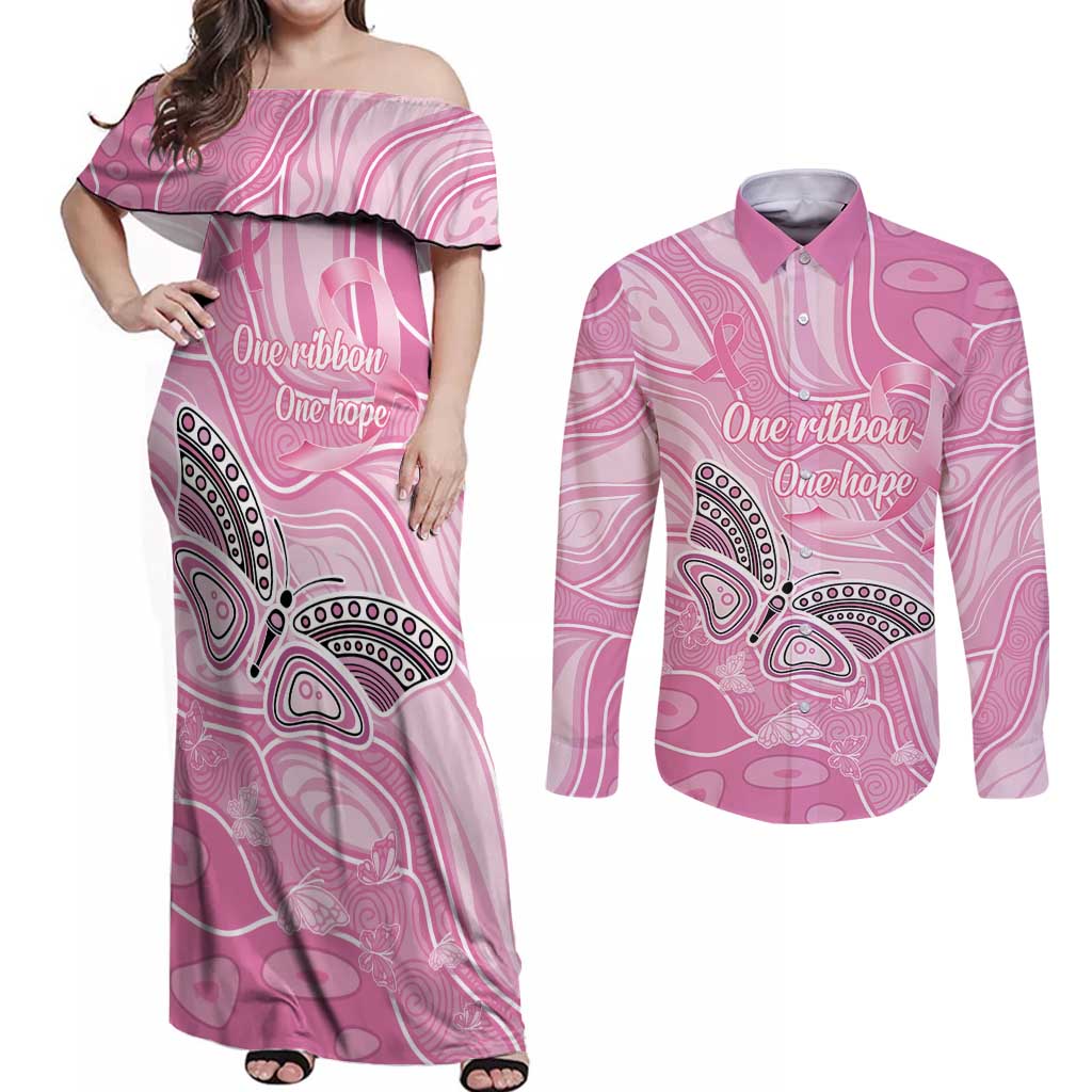 Australia Breast Cancer Awareness Personalised Couples Matching Off Shoulder Maxi Dress and Long Sleeve Button Shirt Butterfly Pink Ribbon Aboriginal Art