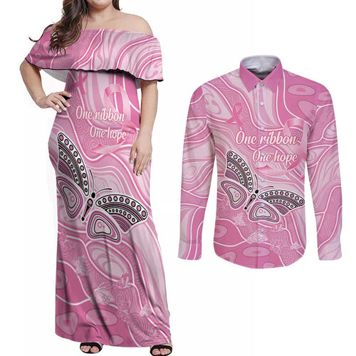 Australia Breast Cancer Awareness Personalised Couples Matching Off Shoulder Maxi Dress and Long Sleeve Button Shirt Butterfly Pink Ribbon Aboriginal Art