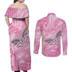 Australia Breast Cancer Awareness Personalised Couples Matching Off Shoulder Maxi Dress and Long Sleeve Button Shirt Butterfly Pink Ribbon Aboriginal Art