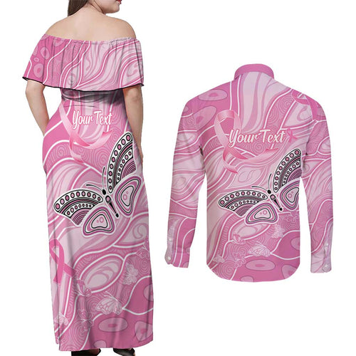 Australia Breast Cancer Awareness Personalised Couples Matching Off Shoulder Maxi Dress and Long Sleeve Button Shirt Butterfly Pink Ribbon Aboriginal Art