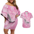 Australia Breast Cancer Awareness Personalised Couples Matching Off Shoulder Short Dress and Hawaiian Shirt Butterfly Pink Ribbon Aboriginal Art