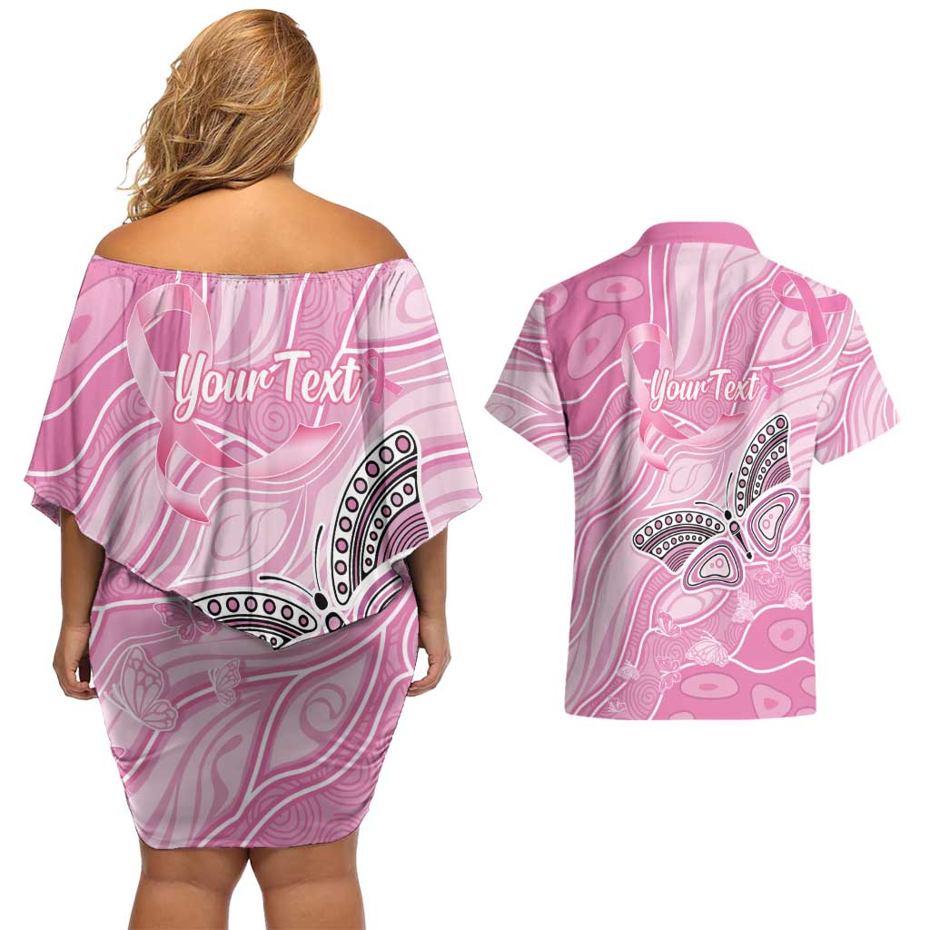 Australia Breast Cancer Awareness Personalised Couples Matching Off Shoulder Short Dress and Hawaiian Shirt Butterfly Pink Ribbon Aboriginal Art