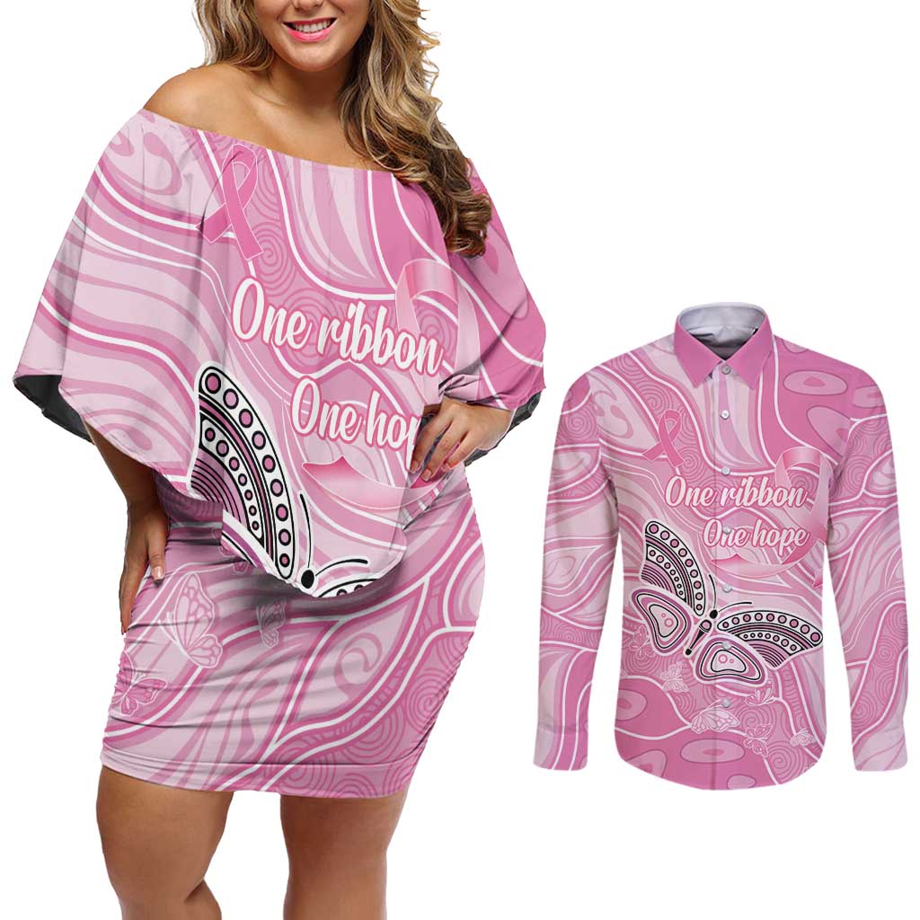 Australia Breast Cancer Awareness Personalised Couples Matching Off Shoulder Short Dress and Long Sleeve Button Shirt Butterfly Pink Ribbon Aboriginal Art