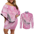 Australia Breast Cancer Awareness Personalised Couples Matching Off Shoulder Short Dress and Long Sleeve Button Shirt Butterfly Pink Ribbon Aboriginal Art