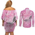 Australia Breast Cancer Awareness Personalised Couples Matching Off Shoulder Short Dress and Long Sleeve Button Shirt Butterfly Pink Ribbon Aboriginal Art