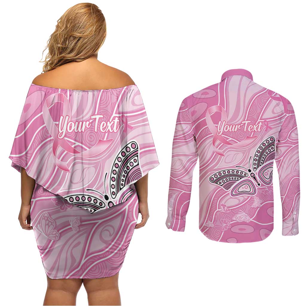 Australia Breast Cancer Awareness Personalised Couples Matching Off Shoulder Short Dress and Long Sleeve Button Shirt Butterfly Pink Ribbon Aboriginal Art