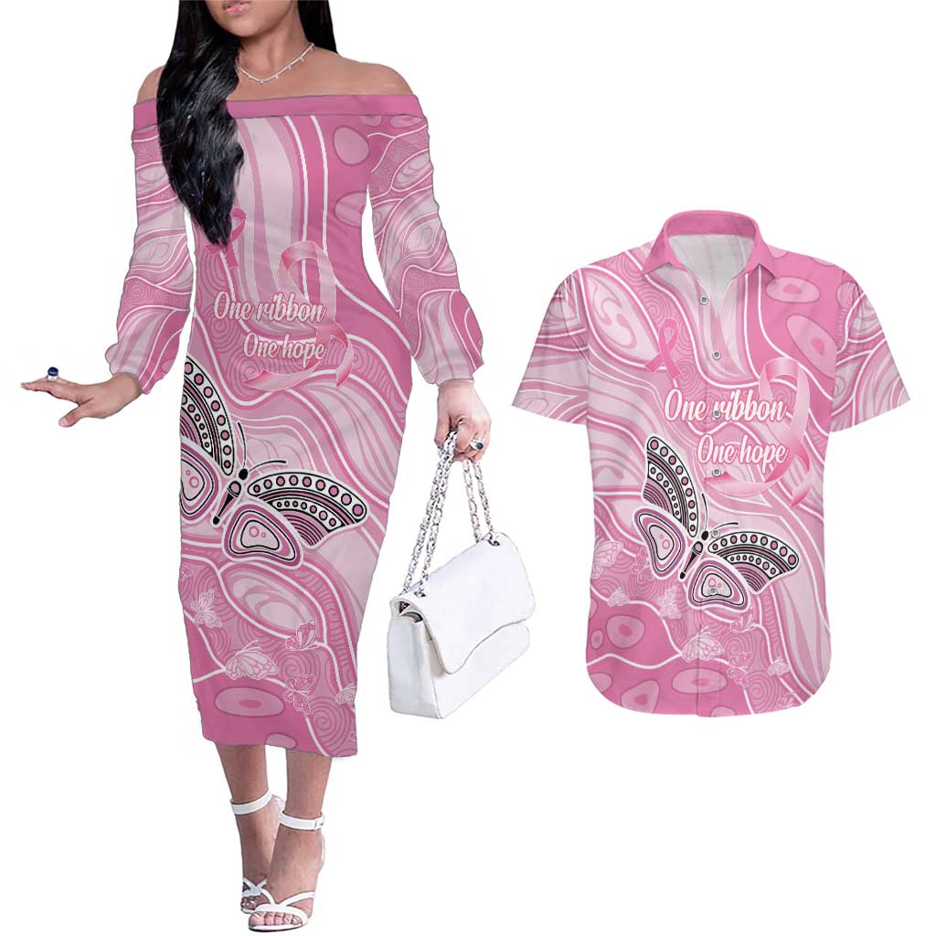 Australia Breast Cancer Awareness Personalised Couples Matching Off The Shoulder Long Sleeve Dress and Hawaiian Shirt Butterfly Pink Ribbon Aboriginal Art