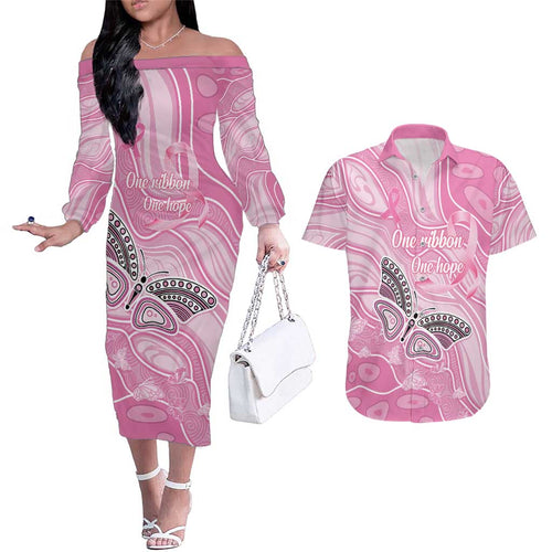 Australia Breast Cancer Awareness Personalised Couples Matching Off The Shoulder Long Sleeve Dress and Hawaiian Shirt Butterfly Pink Ribbon Aboriginal Art