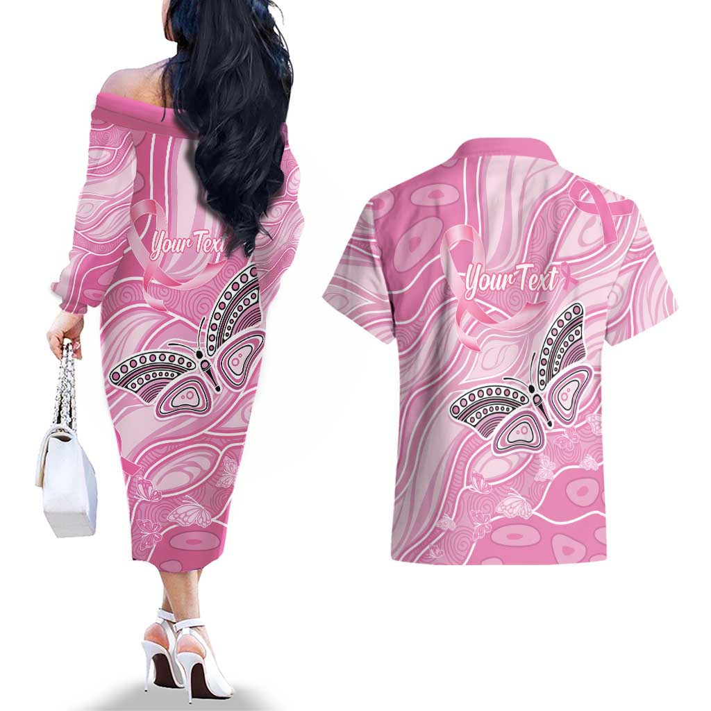 Australia Breast Cancer Awareness Personalised Couples Matching Off The Shoulder Long Sleeve Dress and Hawaiian Shirt Butterfly Pink Ribbon Aboriginal Art