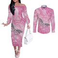 Australia Breast Cancer Awareness Personalised Couples Matching Off The Shoulder Long Sleeve Dress and Long Sleeve Button Shirt Butterfly Pink Ribbon Aboriginal Art