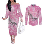 Australia Breast Cancer Awareness Personalised Couples Matching Off The Shoulder Long Sleeve Dress and Long Sleeve Button Shirt Butterfly Pink Ribbon Aboriginal Art