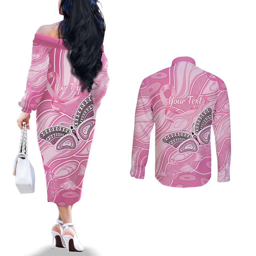 Australia Breast Cancer Awareness Personalised Couples Matching Off The Shoulder Long Sleeve Dress and Long Sleeve Button Shirt Butterfly Pink Ribbon Aboriginal Art