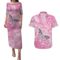Australia Breast Cancer Awareness Personalised Couples Matching Puletasi and Hawaiian Shirt Butterfly Pink Ribbon Aboriginal Art