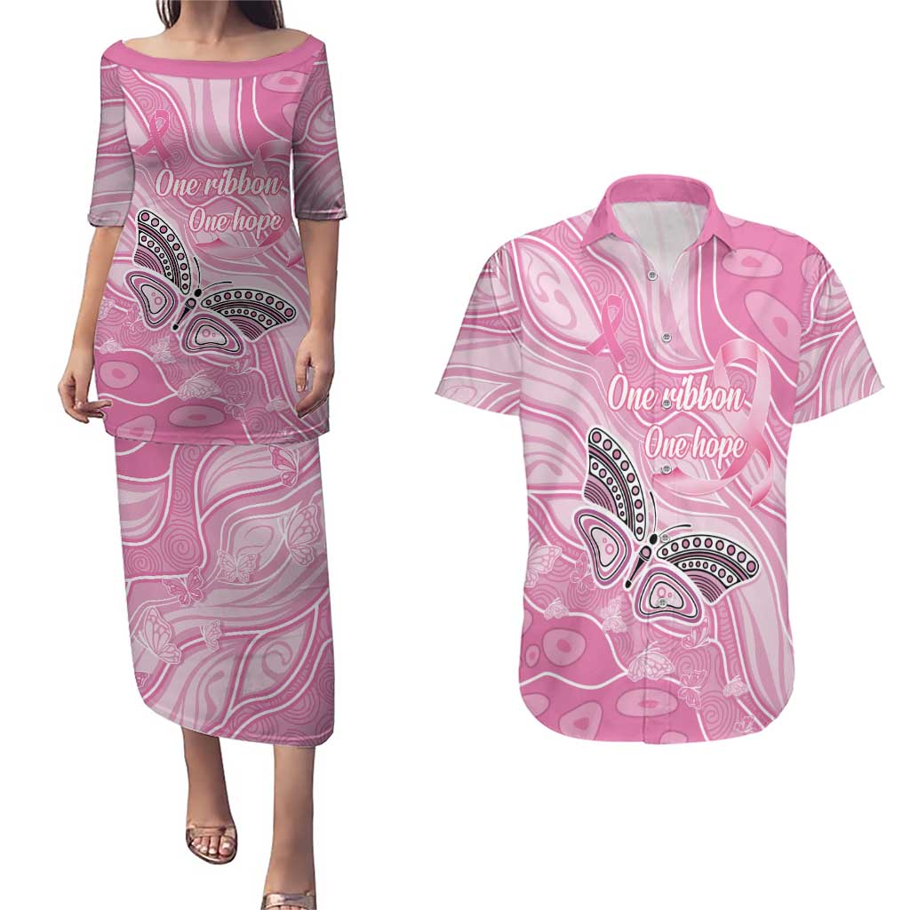 Australia Breast Cancer Awareness Personalised Couples Matching Puletasi and Hawaiian Shirt Butterfly Pink Ribbon Aboriginal Art