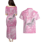 Australia Breast Cancer Awareness Personalised Couples Matching Puletasi and Hawaiian Shirt Butterfly Pink Ribbon Aboriginal Art