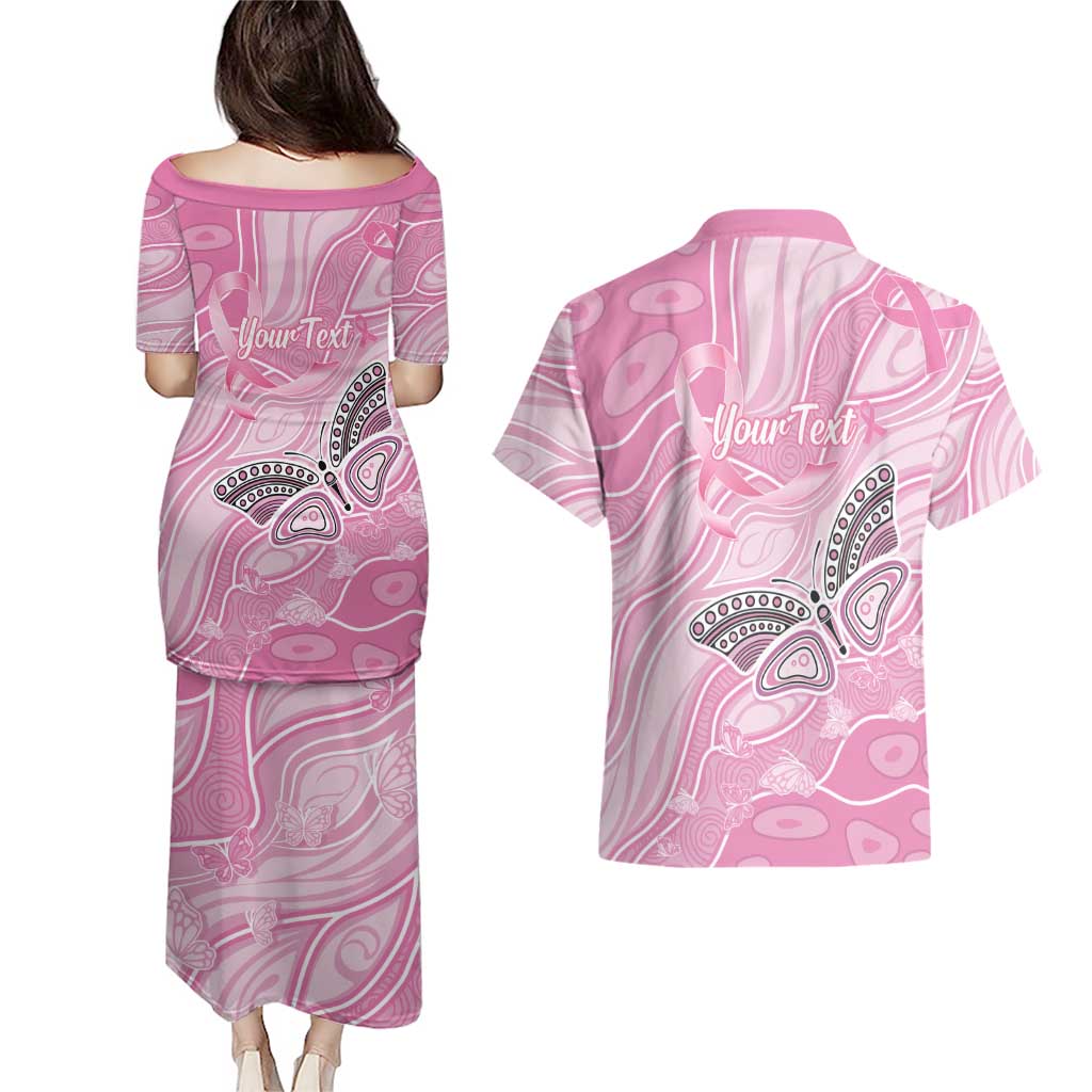 Australia Breast Cancer Awareness Personalised Couples Matching Puletasi and Hawaiian Shirt Butterfly Pink Ribbon Aboriginal Art