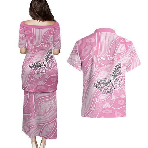 Australia Breast Cancer Awareness Personalised Couples Matching Puletasi and Hawaiian Shirt Butterfly Pink Ribbon Aboriginal Art