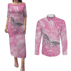 Australia Breast Cancer Awareness Personalised Couples Matching Puletasi and Long Sleeve Button Shirt Butterfly Pink Ribbon Aboriginal Art