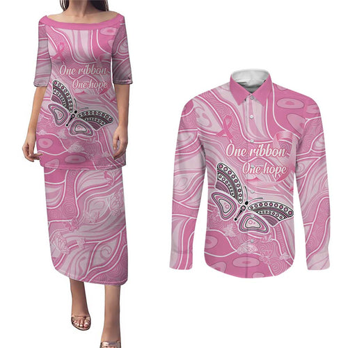 Australia Breast Cancer Awareness Personalised Couples Matching Puletasi and Long Sleeve Button Shirt Butterfly Pink Ribbon Aboriginal Art