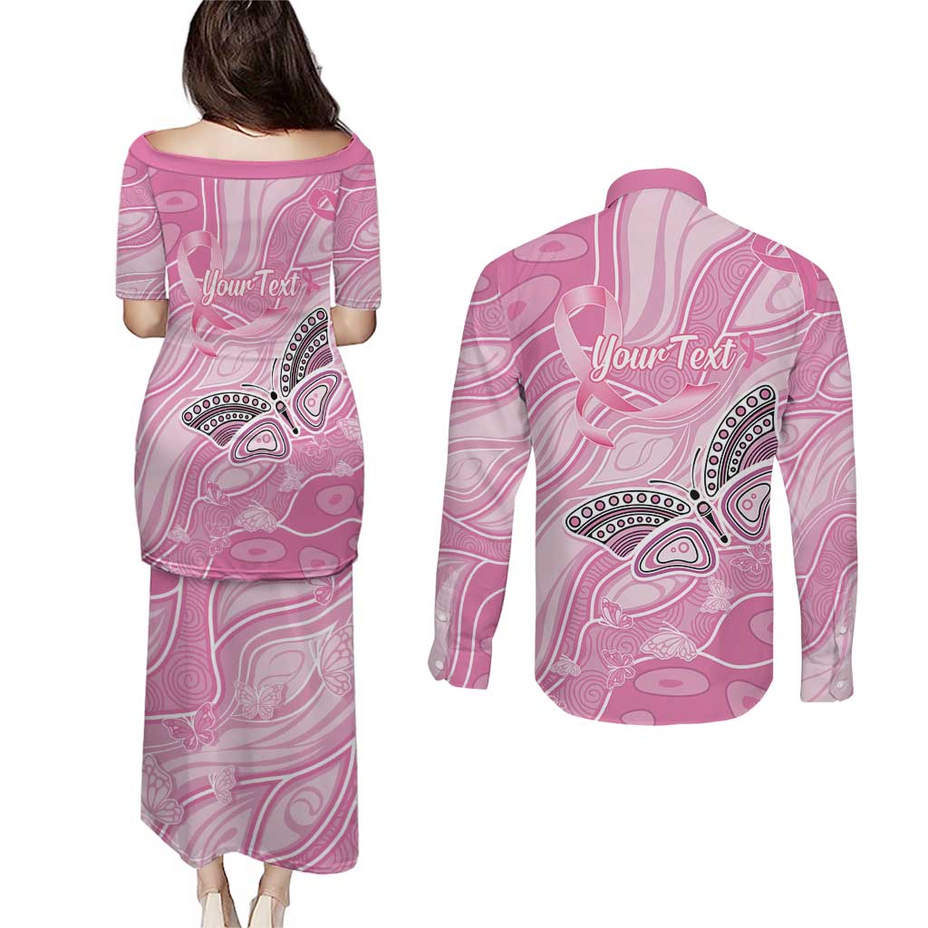 Australia Breast Cancer Awareness Personalised Couples Matching Puletasi and Long Sleeve Button Shirt Butterfly Pink Ribbon Aboriginal Art