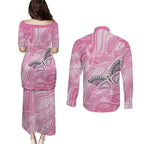 Australia Breast Cancer Awareness Personalised Couples Matching Puletasi and Long Sleeve Button Shirt Butterfly Pink Ribbon Aboriginal Art