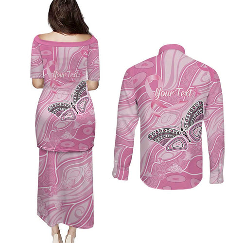 Australia Breast Cancer Awareness Personalised Couples Matching Puletasi and Long Sleeve Button Shirt Butterfly Pink Ribbon Aboriginal Art