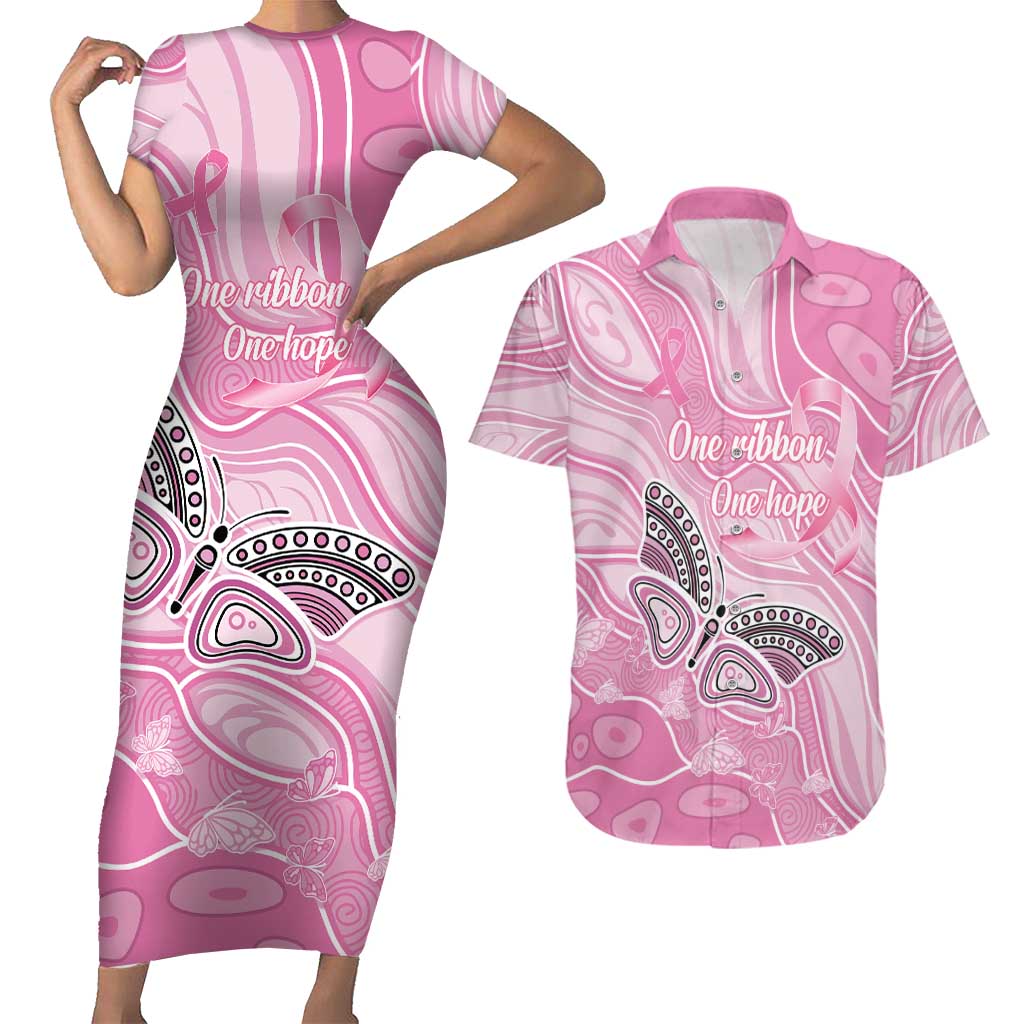 Australia Breast Cancer Awareness Personalised Couples Matching Short Sleeve Bodycon Dress and Hawaiian Shirt Butterfly Pink Ribbon Aboriginal Art