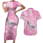 Australia Breast Cancer Awareness Personalised Couples Matching Short Sleeve Bodycon Dress and Hawaiian Shirt Butterfly Pink Ribbon Aboriginal Art