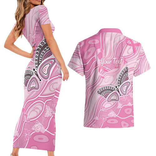 Australia Breast Cancer Awareness Personalised Couples Matching Short Sleeve Bodycon Dress and Hawaiian Shirt Butterfly Pink Ribbon Aboriginal Art