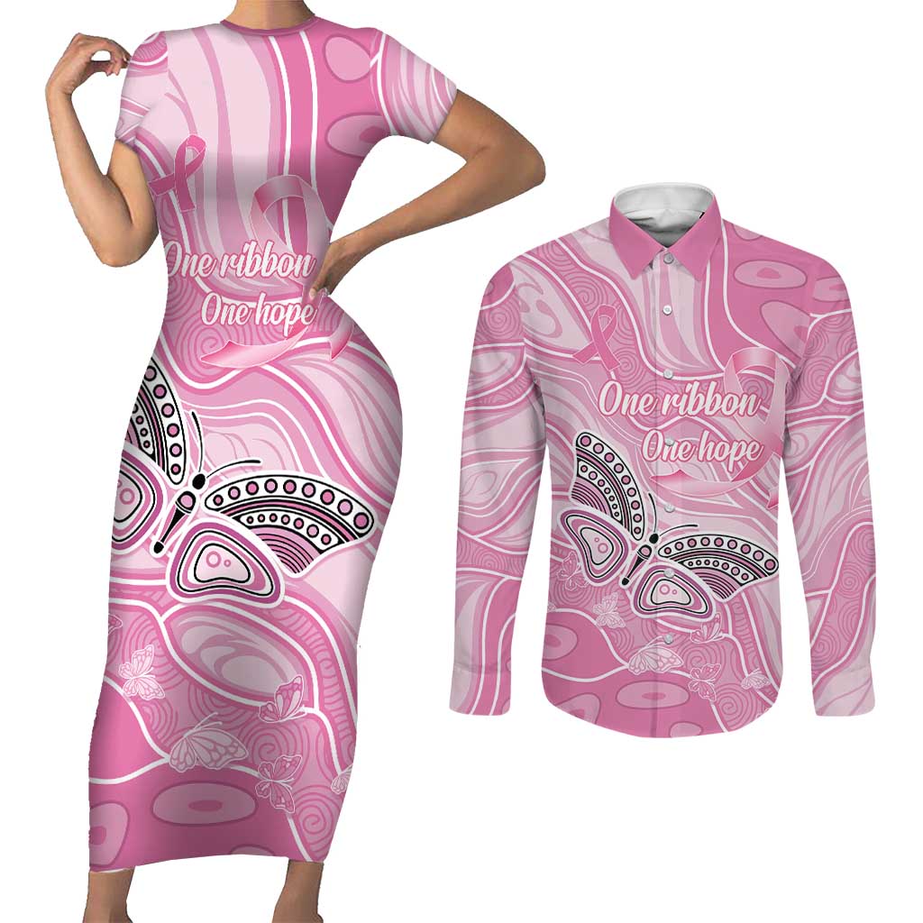Australia Breast Cancer Awareness Personalised Couples Matching Short Sleeve Bodycon Dress and Long Sleeve Button Shirt Butterfly Pink Ribbon Aboriginal Art