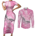Australia Breast Cancer Awareness Personalised Couples Matching Short Sleeve Bodycon Dress and Long Sleeve Button Shirt Butterfly Pink Ribbon Aboriginal Art