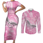 Australia Breast Cancer Awareness Personalised Couples Matching Short Sleeve Bodycon Dress and Long Sleeve Button Shirt Butterfly Pink Ribbon Aboriginal Art