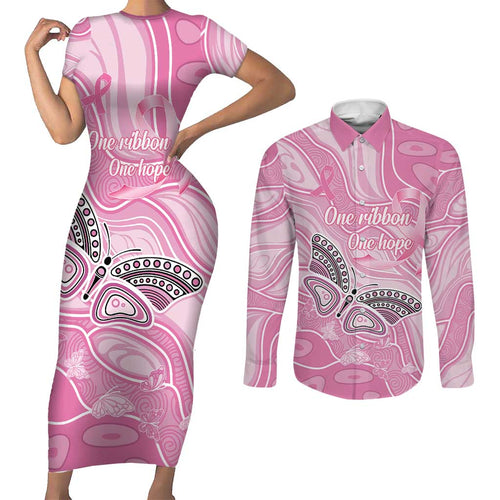 Australia Breast Cancer Awareness Personalised Couples Matching Short Sleeve Bodycon Dress and Long Sleeve Button Shirt Butterfly Pink Ribbon Aboriginal Art