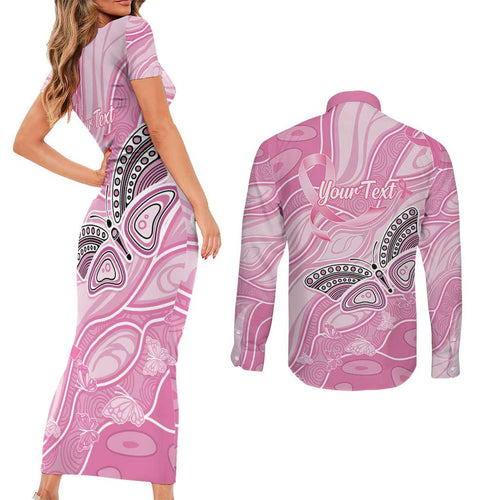 Australia Breast Cancer Awareness Personalised Couples Matching Short Sleeve Bodycon Dress and Long Sleeve Button Shirt Butterfly Pink Ribbon Aboriginal Art